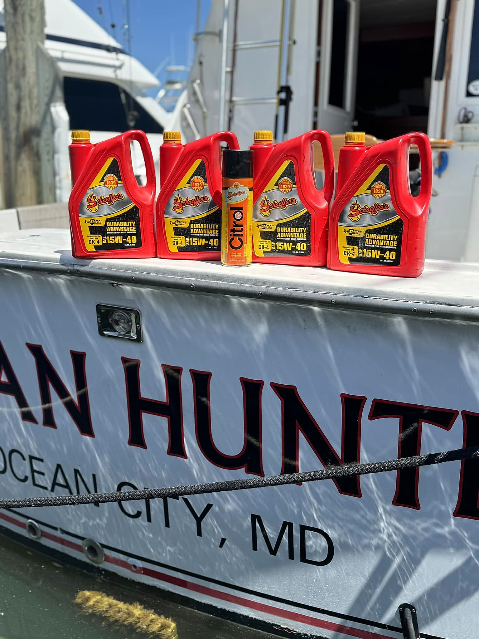 Schaeffer oil going into a sportfisher out of Ocean City.