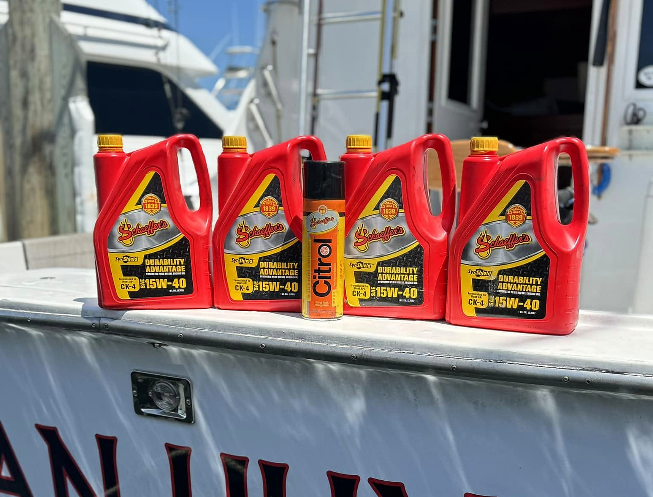 Oil jugs on the transom of a sportfisher