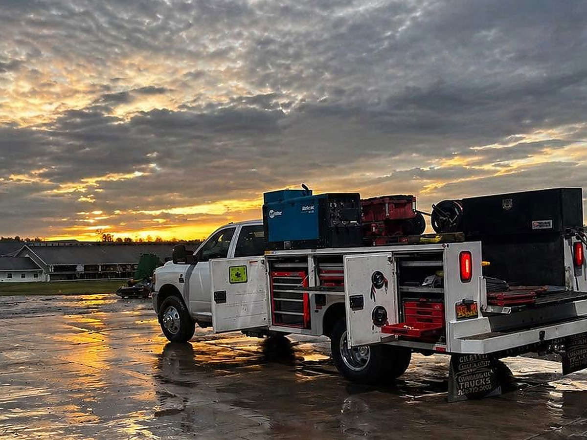 The Faith Driven service truck at sunset